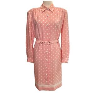 Leslie Fay Shirt Dress Sz 18 Vtg Polka Dot Pink Buttons Shoulder Pad Belted 80s